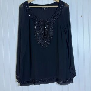Lafayette 148 New York Black Embellished Blouse Tunic Top Silk Casual Business M